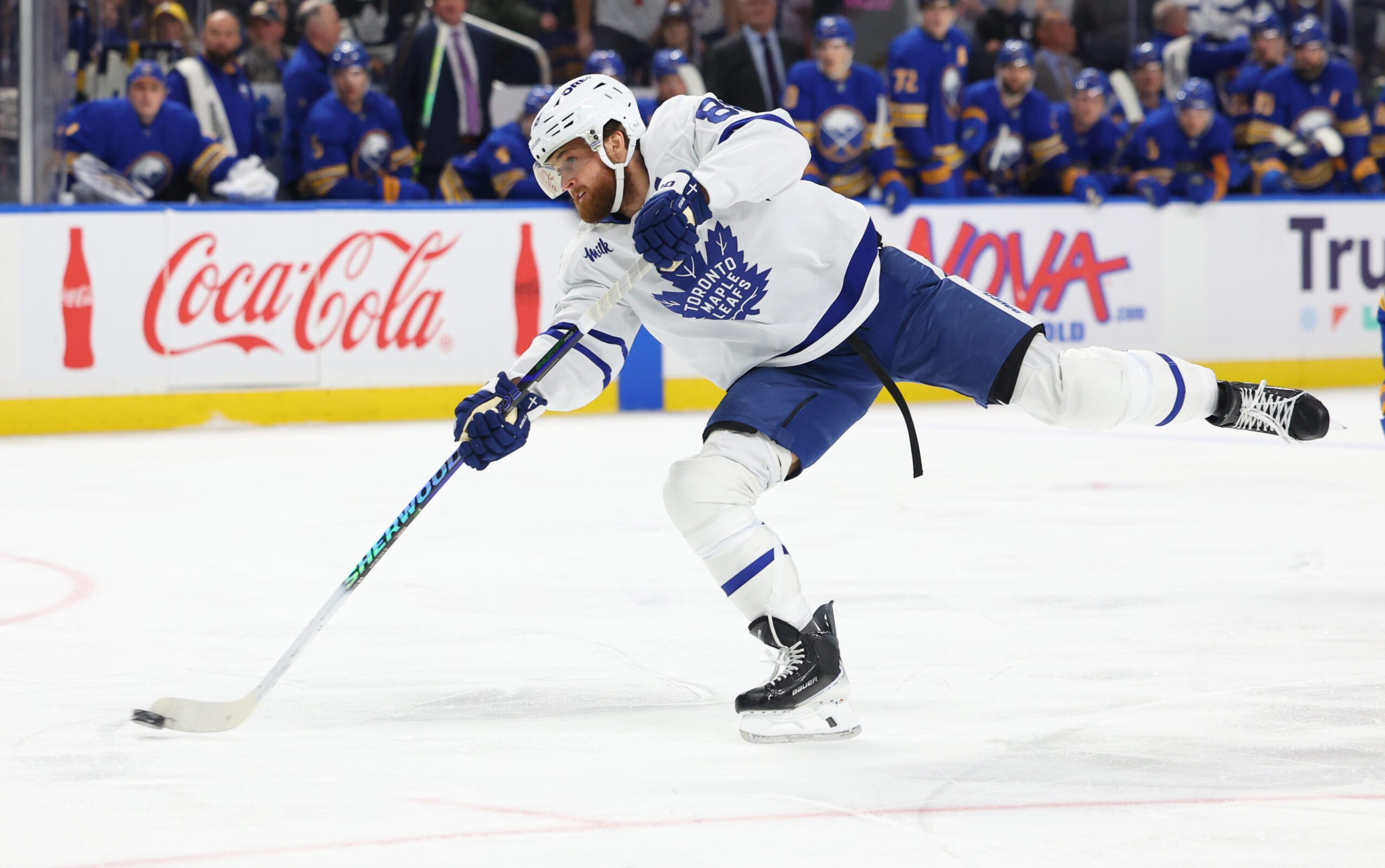Mar 14, 2026; Buffalo, New York, USA;  Toronto Maple Leafs right wing William Nylander (88) takes a shot on goal during the first period against the Buffalo Sabres at KeyBank Center. Mandatory Credit: Timothy T. Ludwig-Imagn Images