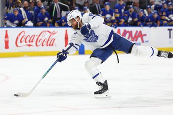 Mar 14, 2026; Buffalo, New York, USA;  Toronto Maple Leafs right wing William Nylander (88) takes a shot on goal during the first period against the Buffalo Sabres at KeyBank Center. Mandatory Credit: Timothy T. Ludwig-Imagn Images