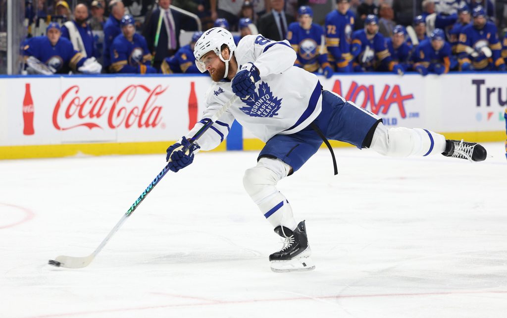 Mar 14, 2026; Buffalo, New York, USA; Toronto Maple Leafs right wing William Nylander (88) takes a shot on goal during the first period against the Buffalo Sabres at KeyBank Center. Mandatory Credit: Timothy T. Ludwig-Imagn Images