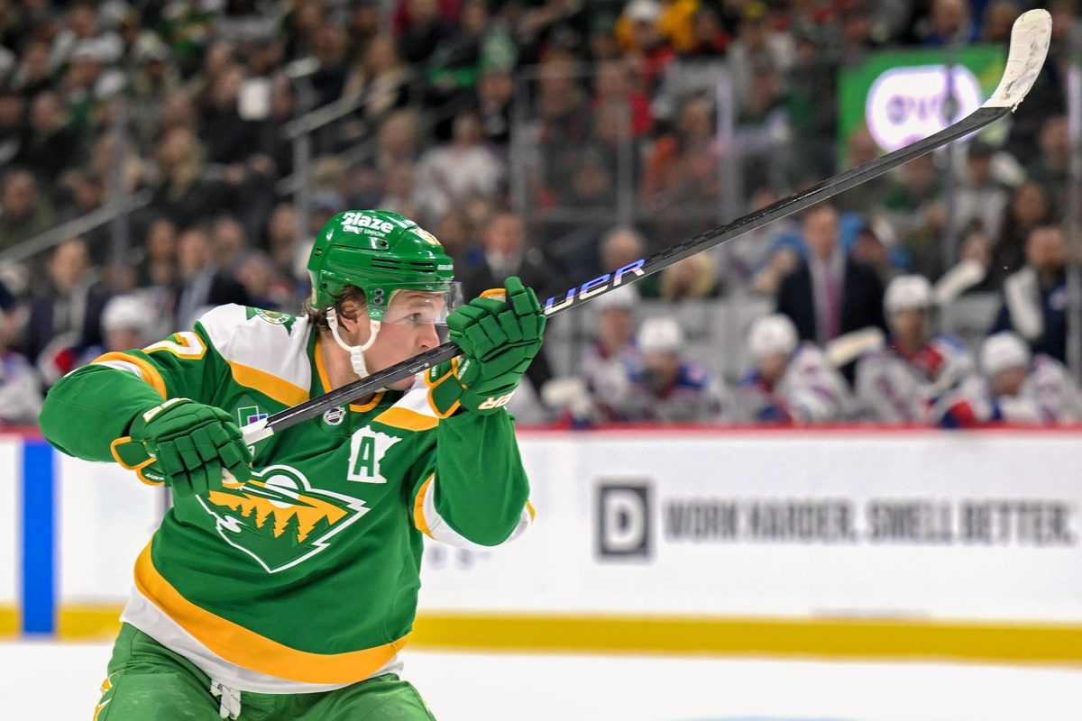 Mar 14, 2026; Saint Paul, Minnesota, USA; Minnesota Wild forward Kirill Kaprizov (97) shoots the puck against the New York Rangers during the second period at Grand Casino Arena. Mandatory Credit: Nick Wosika-Imagn Images