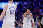 Mar 15, 2026; Oklahoma City, Oklahoma, USA; Oklahoma City Thunder guard Jared McCain (3) gestures towards teammate, center/forward Isaiah Hartenstein (55) after scoring against the Minnesota Timberwolves during the second half at Paycom Center. Mandatory Credit: Alonzo Adams-Imagn Images