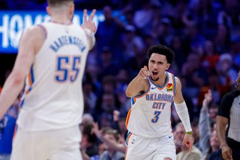 Mar 15, 2026; Oklahoma City, Oklahoma, USA; Oklahoma City Thunder guard Jared McCain (3) gestures towards teammate, center/forward Isaiah Hartenstein (55) after scoring against the Minnesota Timberwolves during the second half at Paycom Center. Mandatory Credit: Alonzo Adams-Imagn Images