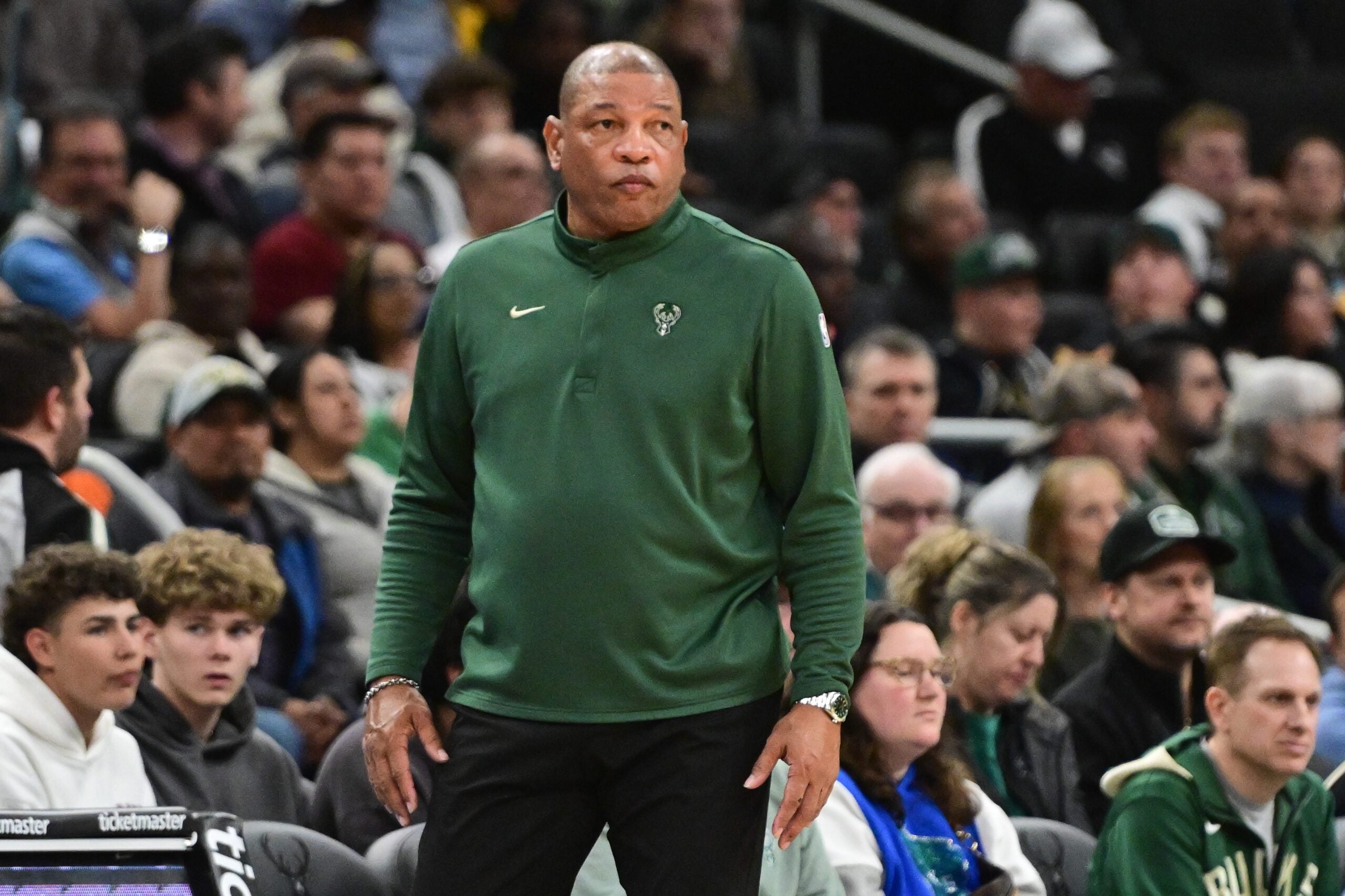 Mar 15, 2026; Milwaukee, Wisconsin, USA; Milwaukee Bucks head coach Doc Rivers looks on in the third quarter against the Indiana Pacers at Fiserv Forum. Mandatory Credit: Benny Sieu-Imagn Images