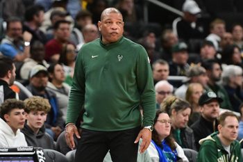 Mar 15, 2026; Milwaukee, Wisconsin, USA; Milwaukee Bucks head coach Doc Rivers looks on in the third quarter against the Indiana Pacers at Fiserv Forum. Mandatory Credit: Benny Sieu-Imagn Images