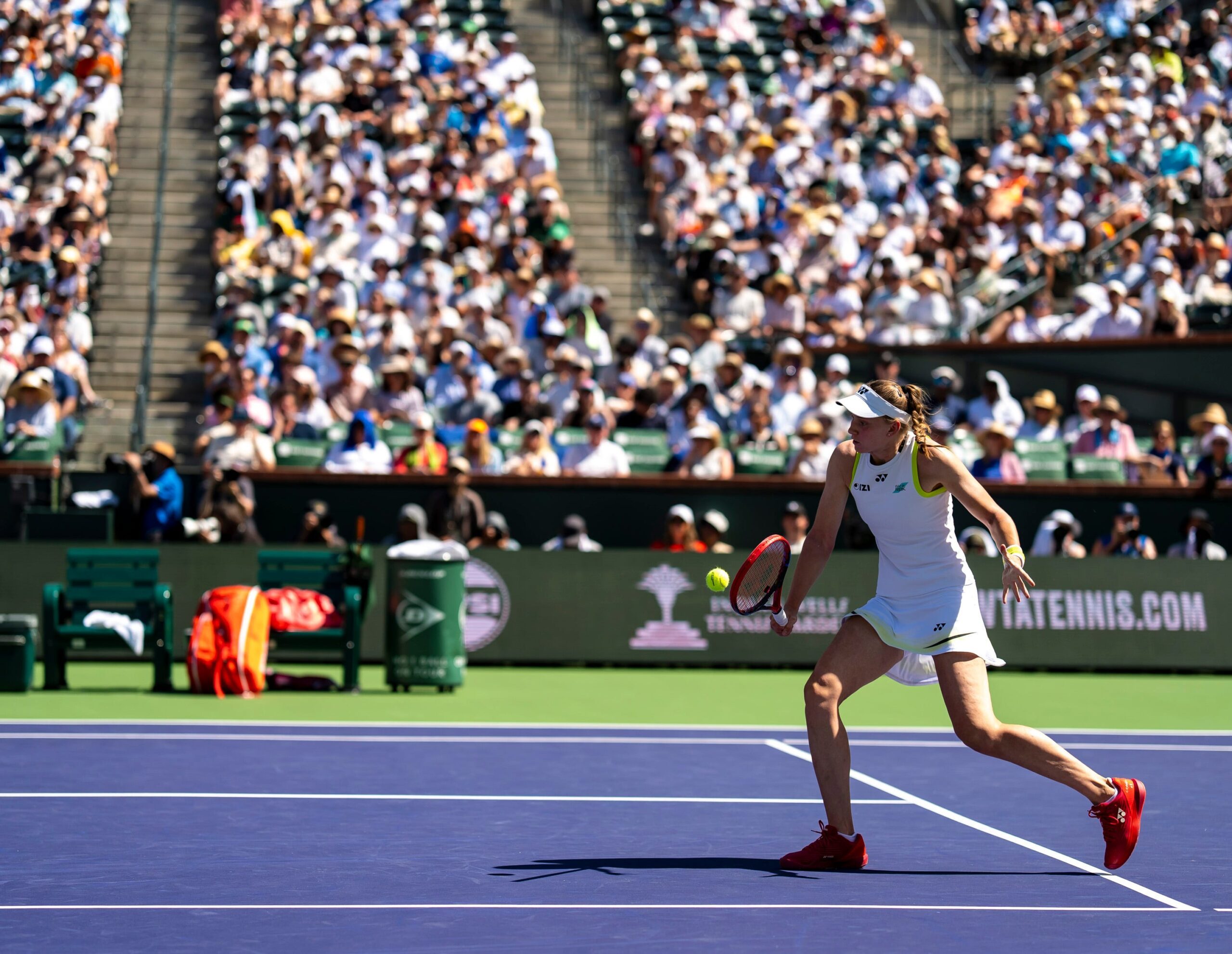Elena Rybakina hits a drop to Aryna Sabalenka in the women’s singles championship final at the BNP Paribas Open in Indian Wells, Calif., Sunday, March 15, 2026.