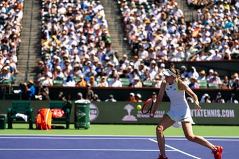 Elena Rybakina hits a drop to Aryna Sabalenka in the women’s singles championship final at the BNP Paribas Open in Indian Wells, Calif., Sunday, March 15, 2026.