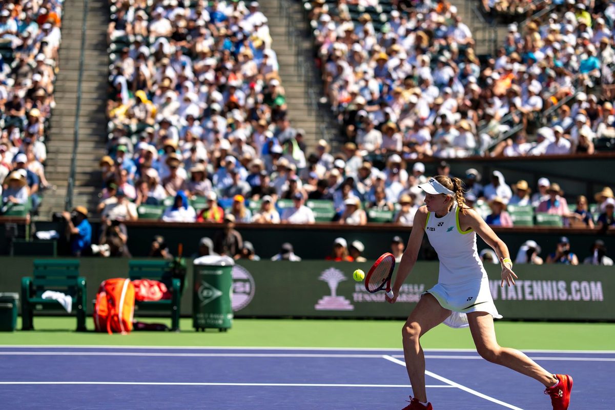 Elena Rybakina hits a drop to Aryna Sabalenka in the women’s singles championship final at the BNP Paribas Open in Indian Wells, Calif., Sunday, March 15, 2026.