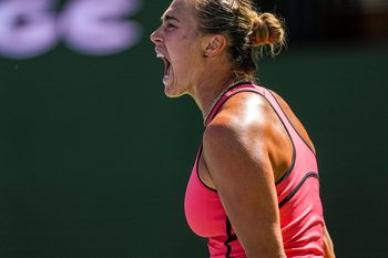 Aryna Sabalenka screams in celebration as she reaches advantage in the fourth game of the third set with a 2-1 lead over Elena Rybakina in the women’s singles championship final at the BNP Paribas Open in Indian Wells, Calif., Sunday, March 15, 2026.