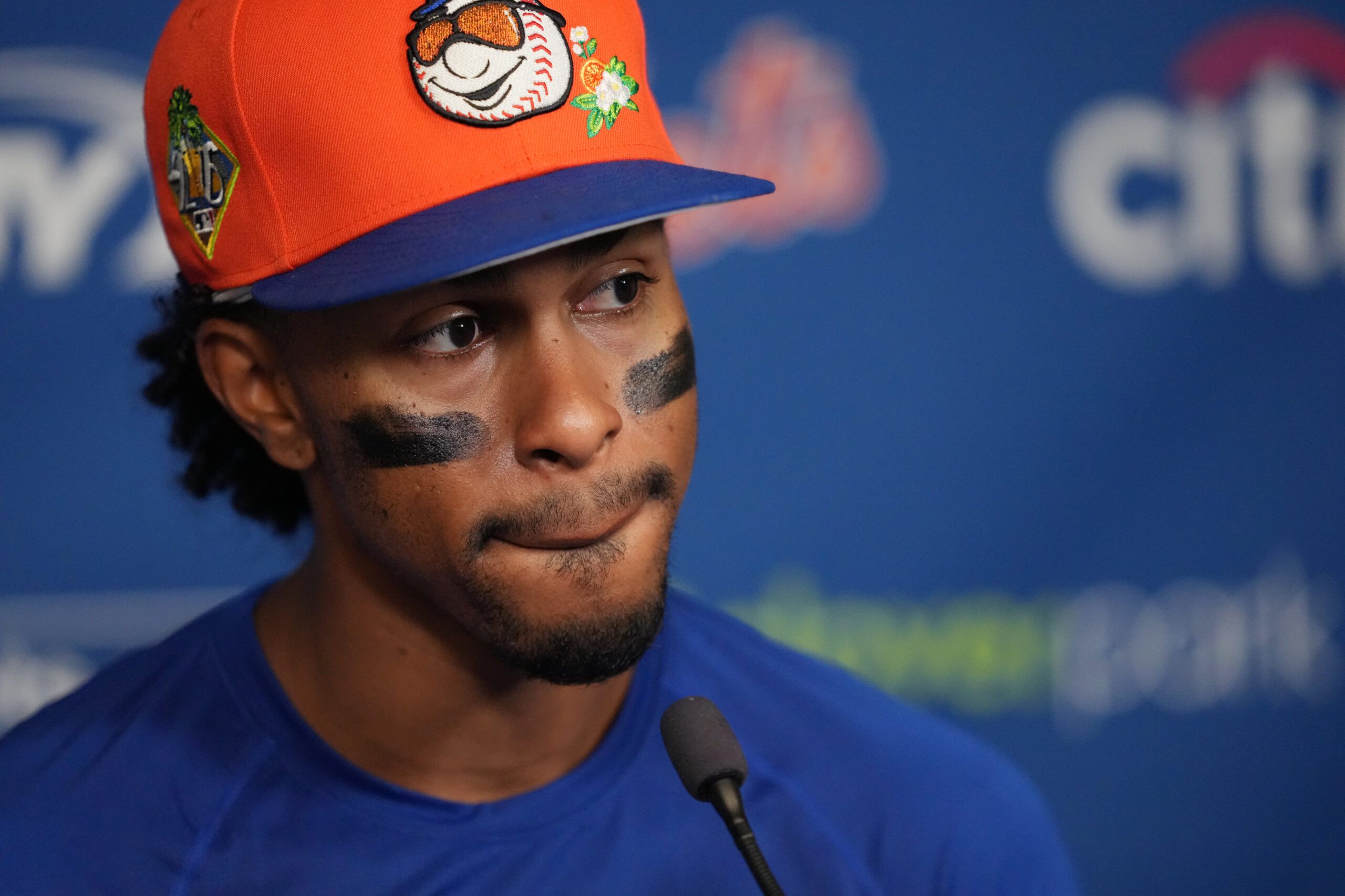 Mar 15, 2026; Port St. Lucie, Florida, USA;  New York Mets shortstop Francisco Lindor (12) addresses the media at Clover Park on his first day back at spring training. Mandatory Credit: Jim Rassol-Imagn Images