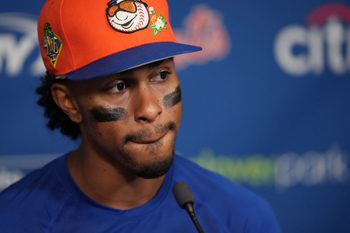 Mar 15, 2026; Port St. Lucie, Florida, USA;  New York Mets shortstop Francisco Lindor (12) addresses the media at Clover Park on his first day back at spring training. Mandatory Credit: Jim Rassol-Imagn Images