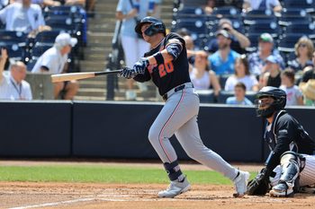 Mar 15, 2026; Tampa, Florida, USA;  Detroit Tigers first baseman Spencer Torkelson (20) hits a 3-run home run during the first inning against the New York Yankees at George M. Steinbrenner Field. Mandatory Credit: Kim Klement Neitzel-Imagn Images