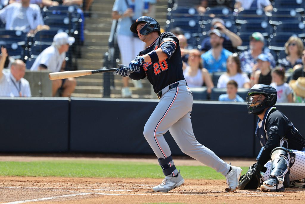 Mar 15, 2026; Tampa, Florida, USA; Detroit Tigers first baseman Spencer Torkelson (20) hits a 3-run home run during the first inning against the New York Yankees at George M. Steinbrenner Field. Mandatory Credit: Kim Klement Neitzel-Imagn Images