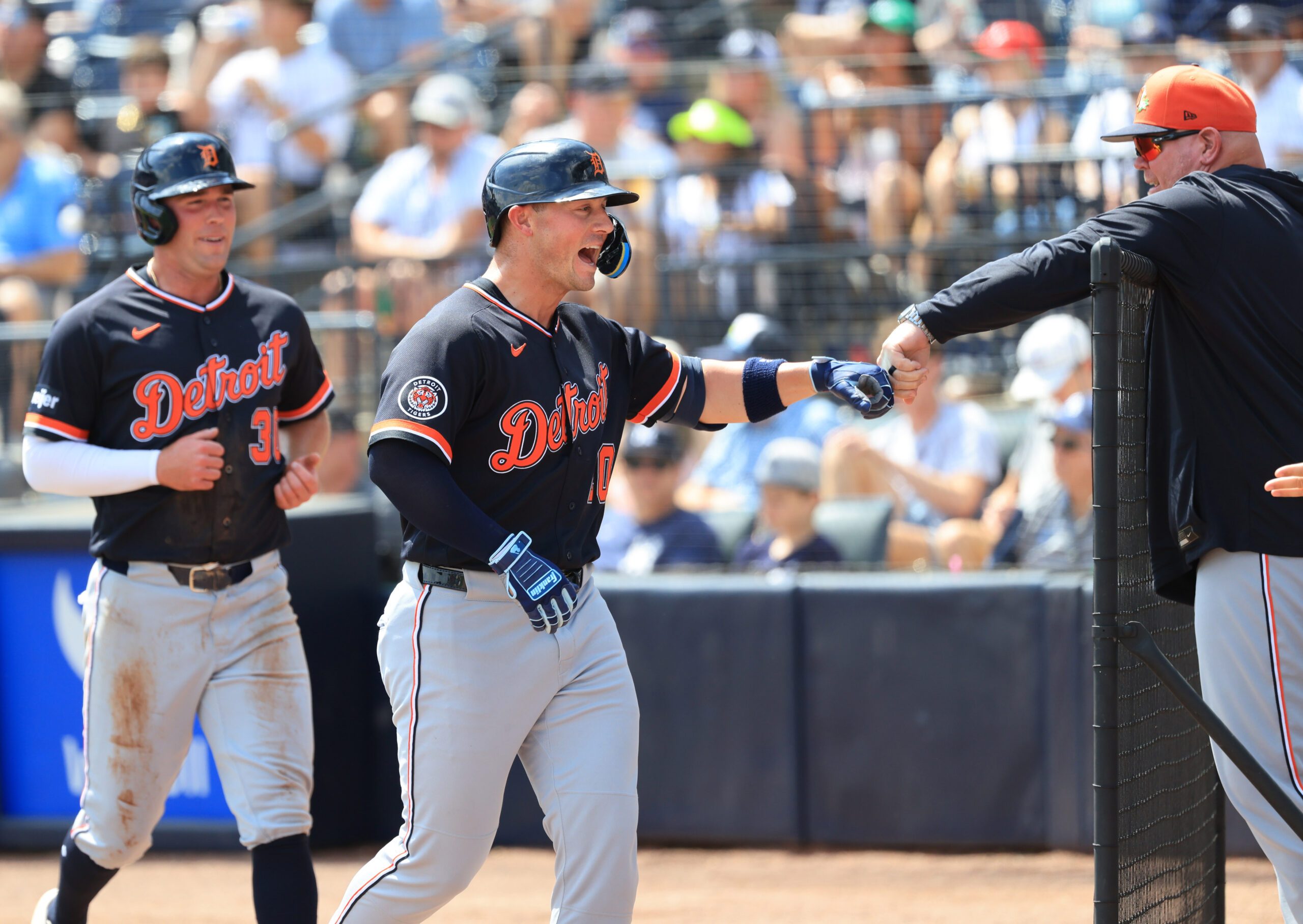 Mar 15, 2026; Tampa, Florida, USA;  Detroit Tigers first baseman Spencer Torkelson (20) is congratulated after he  hit a 3-run home run during the first inning against the New York Yankees at George M. Steinbrenner Field. Mandatory Credit: Kim Klement Neitzel-Imagn Images