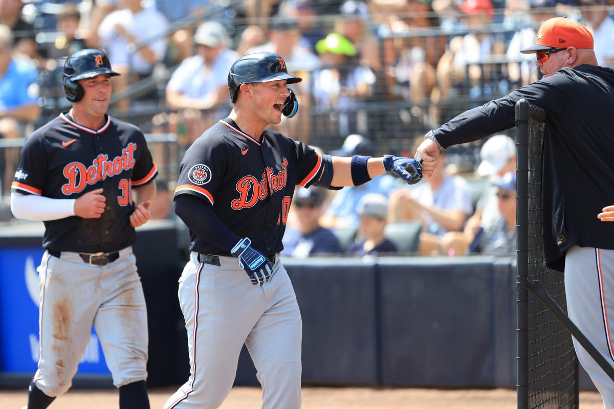 Mar 15, 2026; Tampa, Florida, USA; Detroit Tigers first baseman Spencer Torkelson (20) is congratulated after he hit a 3-run home run during the first inning against the New York Yankees at George M. Steinbrenner Field. Mandatory Credit: Kim Klement Neitzel-Imagn Images
