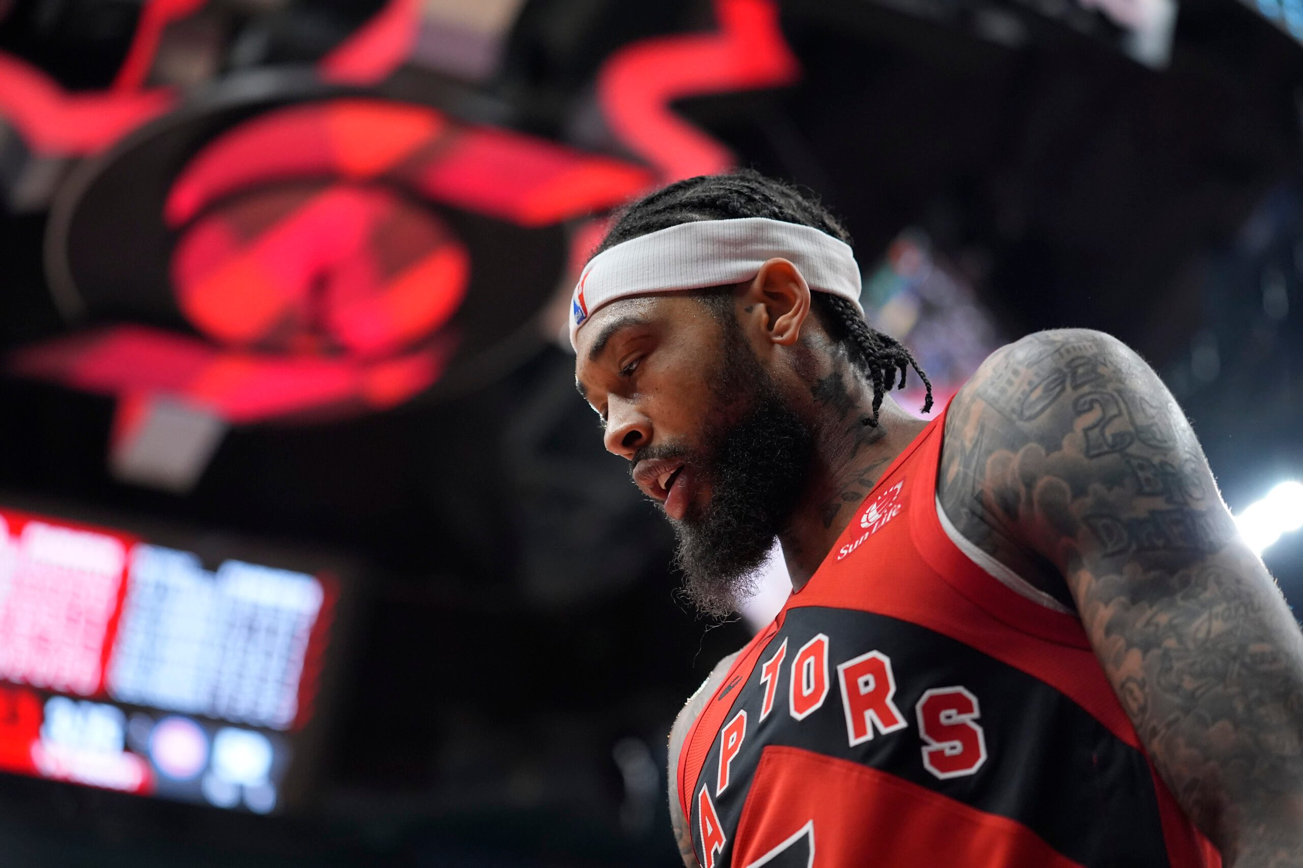 Mar 15, 2026; Toronto, Ontario, CAN; Toronto Raptors forward Brandon Ingram (3) during a break in the action against the Detroit Pistons during the first half at Scotiabank Arena. Mandatory Credit: John E. Sokolowski-Imagn Images
