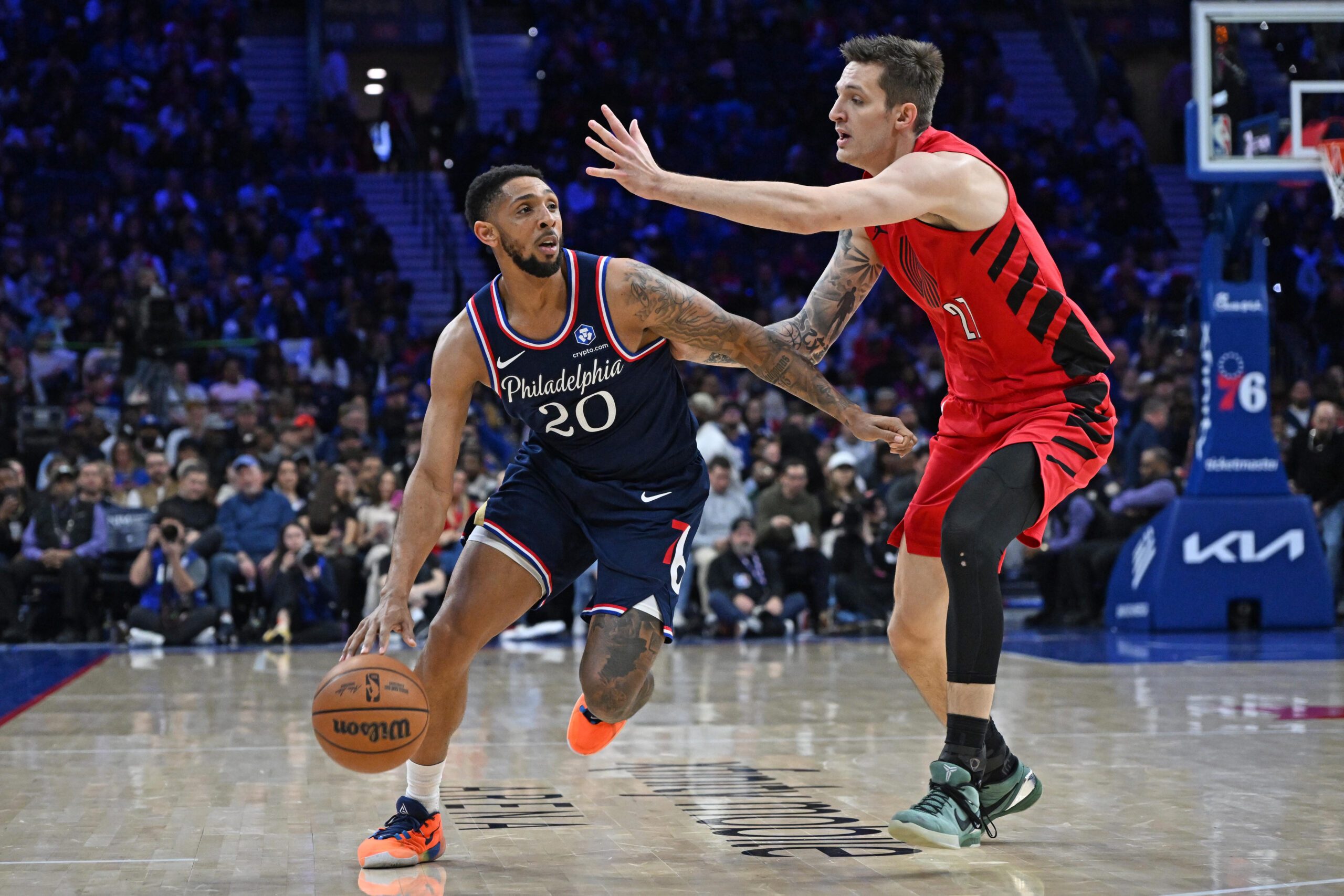 Mar 15, 2026; Philadelphia, Pennsylvania, USA; Philadelphia 76ers guard Cameron Payne (20) drives to the basket against Portland Trail Blazers guard Vit Krejci (27) during the second half at Xfinity Mobile Arena. Mandatory Credit: Eric Hartline-Imagn Images