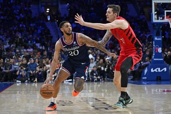Mar 15, 2026; Philadelphia, Pennsylvania, USA; Philadelphia 76ers guard Cameron Payne (20) drives to the basket against Portland Trail Blazers guard Vit Krejci (27) during the second half at Xfinity Mobile Arena. Mandatory Credit: Eric Hartline-Imagn Images