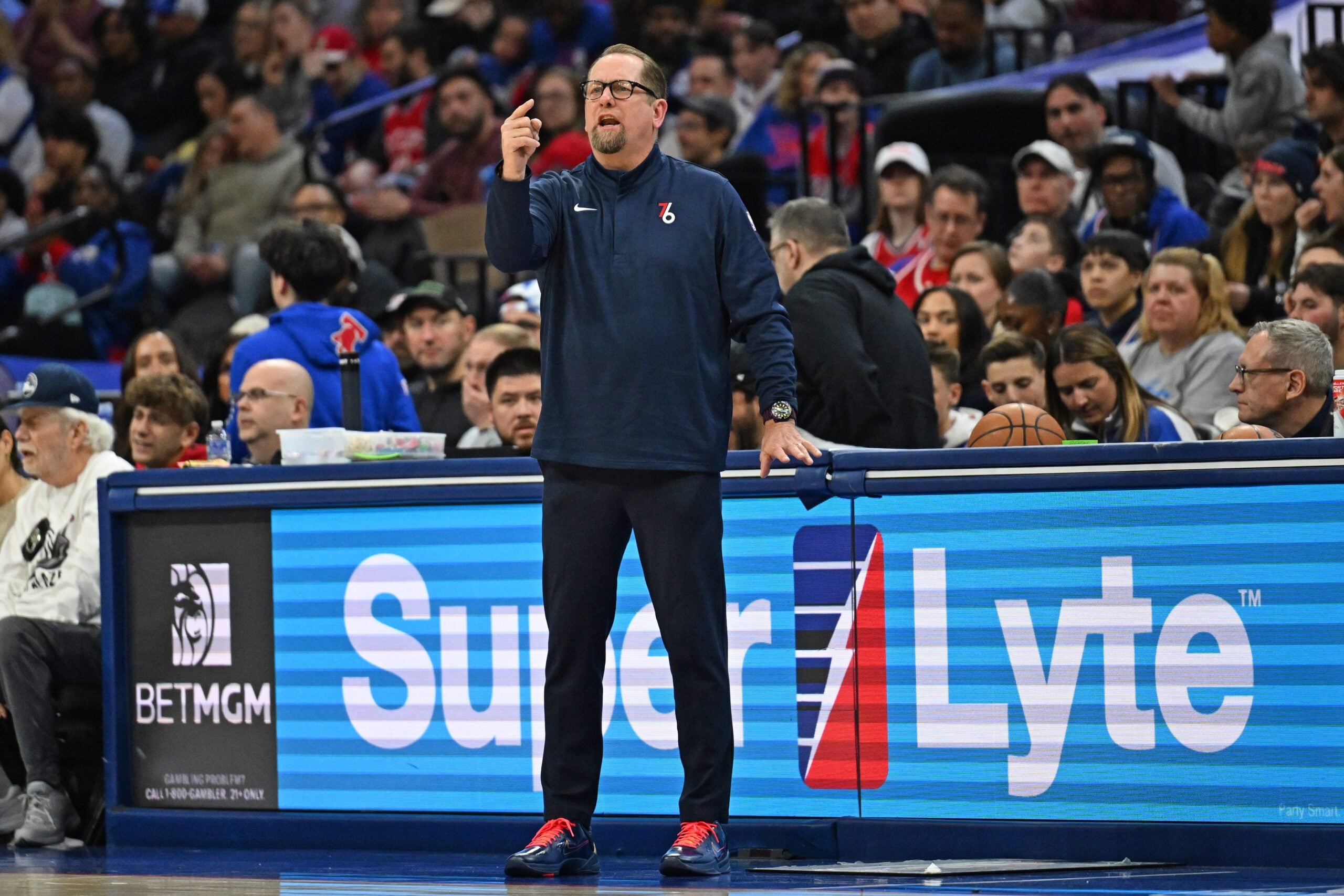 Mar 15, 2026; Philadelphia, Pennsylvania, USA; Philadelphia 76ers head coach Nick Nurse against the Portland Trail Blazers during the first half at Xfinity Mobile Arena. Mandatory Credit: Eric Hartline-Imagn Images