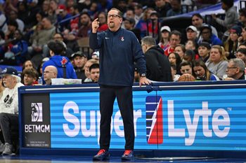 Mar 15, 2026; Philadelphia, Pennsylvania, USA; Philadelphia 76ers head coach Nick Nurse against the Portland Trail Blazers during the first half at Xfinity Mobile Arena. Mandatory Credit: Eric Hartline-Imagn Images