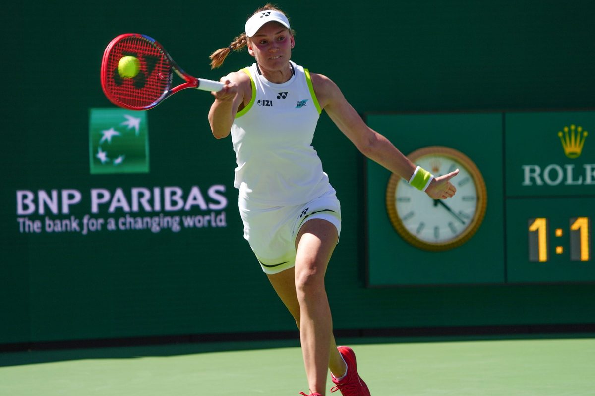 Elena Rybakina hits a shot against Aryna Sabalenka during the BNP Paribas Open in Indian Wells, Calif., March 15, 2026.