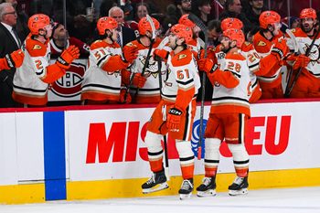 Mar 15, 2026; Montreal, Quebec, CAN; Anaheim Ducks left wing Cutter Gauthier (61) celebrates with his teammates at the bench his goal against the Montreal Canadiens during the third period at Bell Centre. Mandatory Credit: David Kirouac-Imagn Images