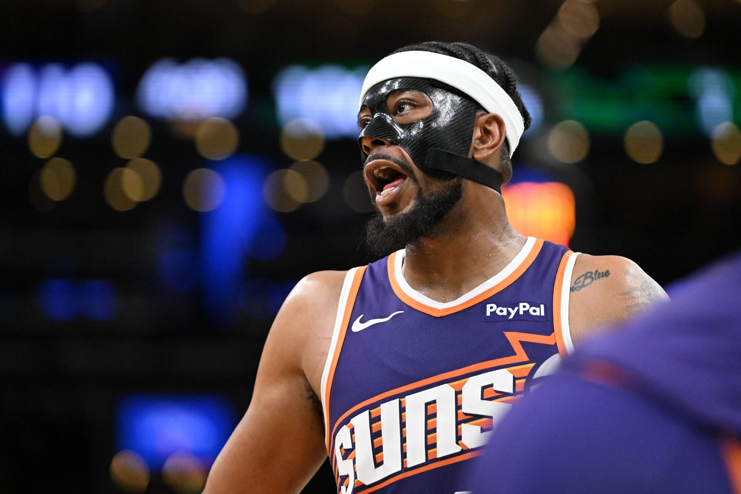 Mar 16, 2026; Boston, Massachusetts, USA; Phoenix Suns guard Jordan Goodwin (23) reacts after being called for a foul against the Boston Celtics during the second half at the TD Garden. Mandatory Credit: Brian Fluharty-Imagn Images