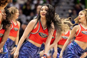 Mar 16, 2026; New Orleans, Louisiana, USA;  New Orleans Pelicans PelsSquad performs against the Dallas Mavericks during the second half at Smoothie King Center. Mandatory Credit: Stephen Lew-Imagn Images
