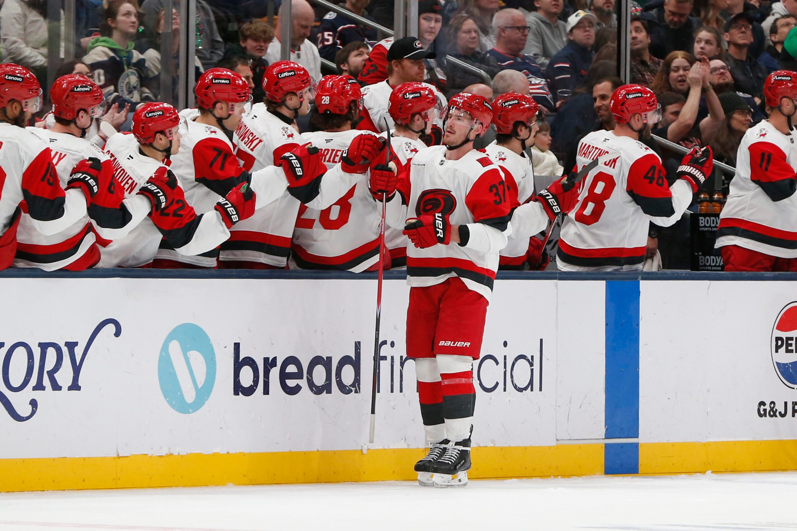 Mar 17, 2026; Columbus, Ohio, USA; Carolina Hurricanes right wing Andrei Svechnikov (37) celebrates his goal against the Columbus Blue Jackets during the second period at Nationwide Arena. Mandatory Credit: Russell LaBounty-Imagn Images