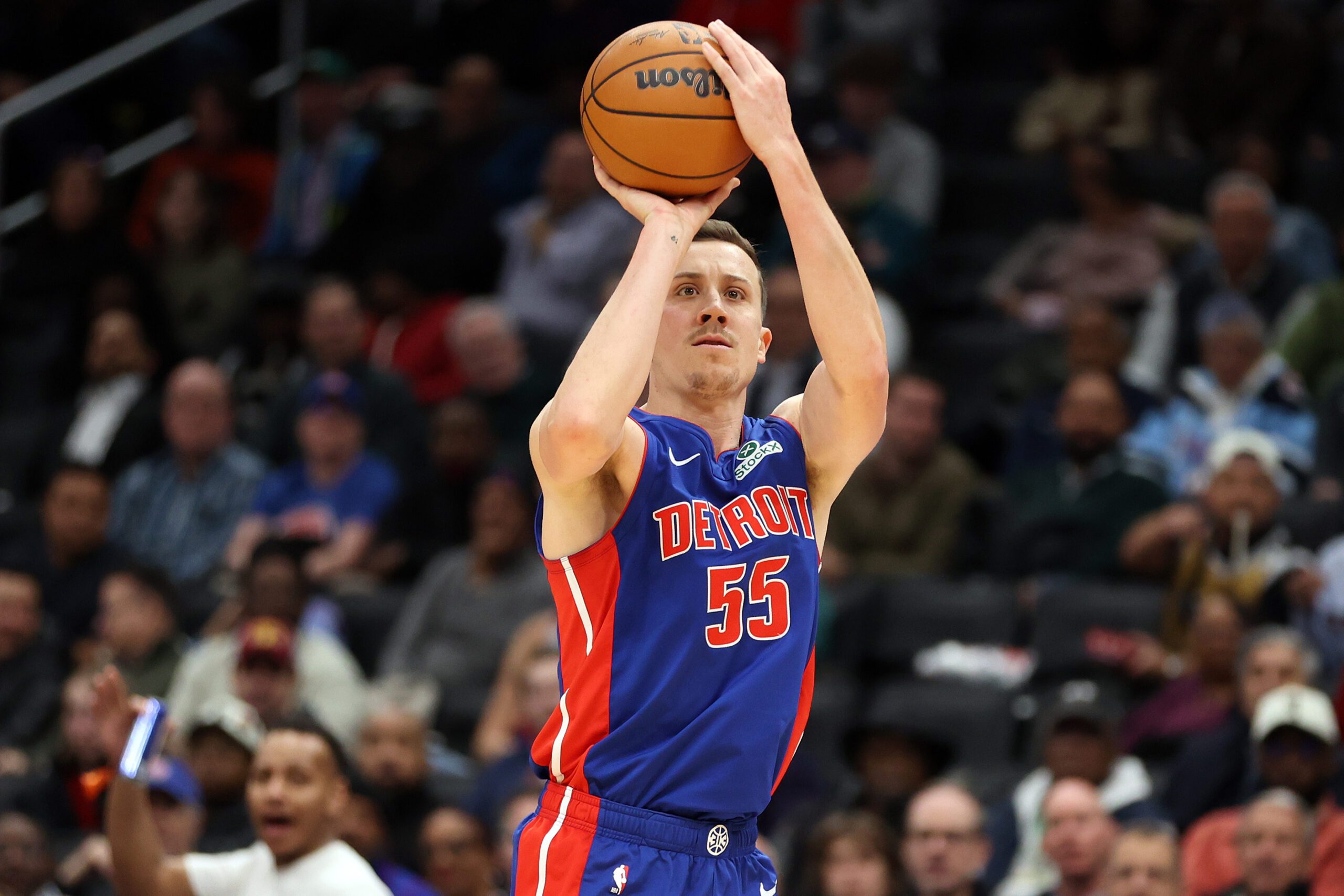 Mar 17, 2026; Washington, District of Columbia, USA; Detroit Pistons forward Duncan Robinson (55) takes a shot during the first half against the Washington Wizards at Capital One Arena. Mandatory Credit: Daniel Kucin Jr.-Imagn Images