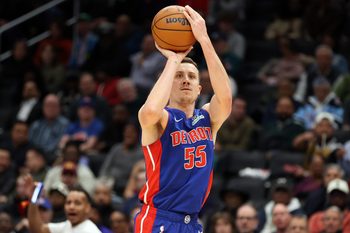 Mar 17, 2026; Washington, District of Columbia, USA; Detroit Pistons forward Duncan Robinson (55) takes a shot during the first half against the Washington Wizards at Capital One Arena. Mandatory Credit: Daniel Kucin Jr.-Imagn Images