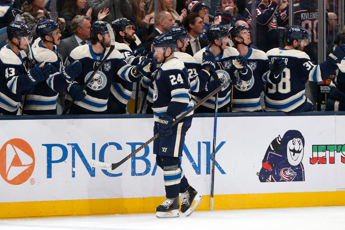 Mar 17, 2026; Columbus, Ohio, USA; Columbus Blue Jackets center Mathieu Olivier (24) celebrates his goal against the Carolina Hurricanes during the third period at Nationwide Arena. Mandatory Credit: Russell LaBounty-Imagn Images
