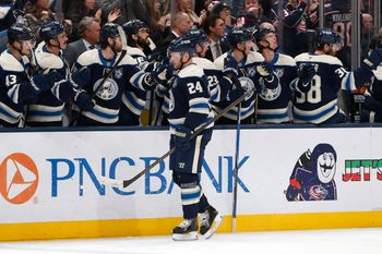 Mar 17, 2026; Columbus, Ohio, USA; Columbus Blue Jackets center Mathieu Olivier (24) celebrates his goal against the Carolina Hurricanes during the third period at Nationwide Arena. Mandatory Credit: Russell LaBounty-Imagn Images