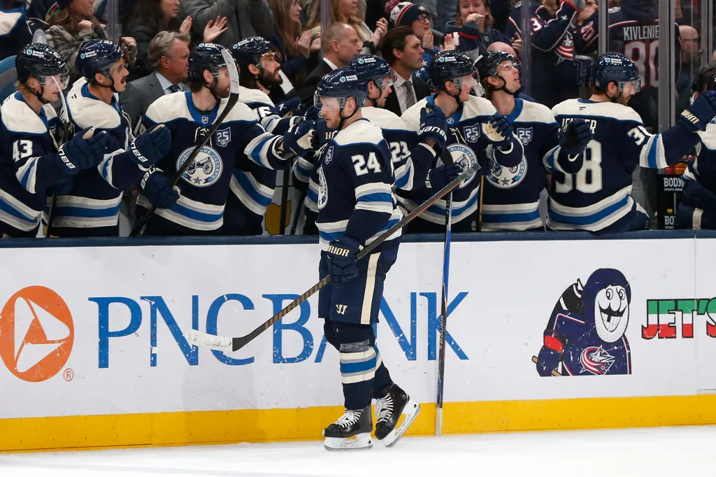 Mar 17, 2026; Columbus, Ohio, USA; Columbus Blue Jackets center Mathieu Olivier (24) celebrates his goal against the Carolina Hurricanes during the third period at Nationwide Arena. Mandatory Credit: Russell LaBounty-Imagn Images