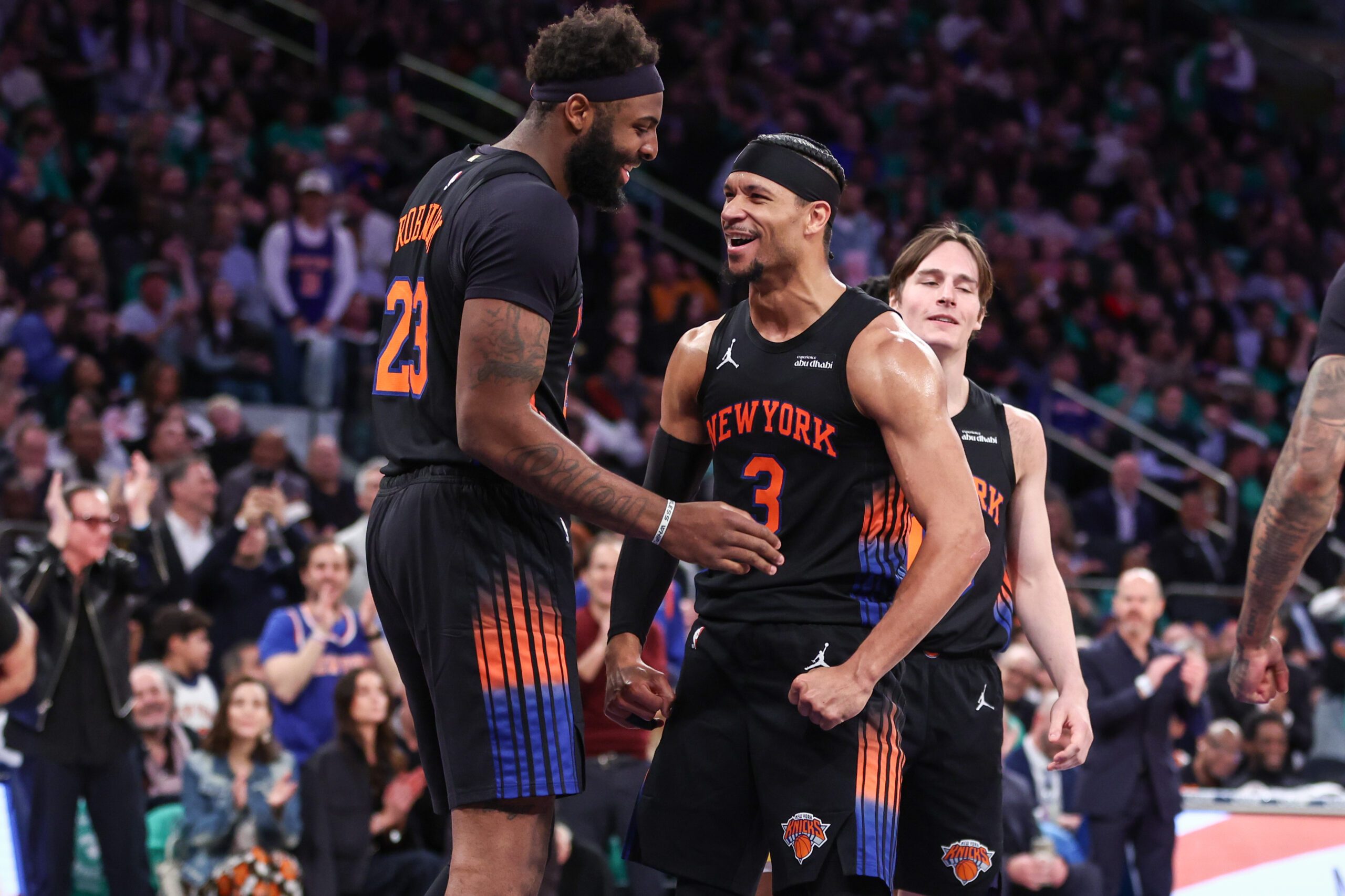 Mar 17, 2026; New York, New York, USA; New York Knicks guard Josh Hart (3) celebrates center Mitchell Robinson (23) in the third quarter at Madison Square Garden. Mandatory Credit: Wendell Cruz-Imagn Images