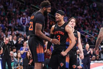 Mar 17, 2026; New York, New York, USA;  New York Knicks guard Josh Hart (3) celebrates center Mitchell Robinson (23) in the third quarter at Madison Square Garden. Mandatory Credit: Wendell Cruz-Imagn Images