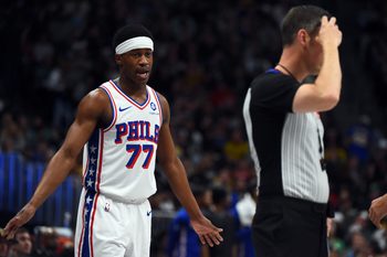 Mar 17, 2026; Denver, Colorado, USA; Philadelphia 76ers guard VJ Edgecombe (77) questions a call by an official during the first half against the Denver Nuggets at Ball Arena. Mandatory Credit: Christopher Hanewinckel-Imagn Images