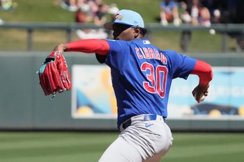 Mar 18, 2026; Salt River Pima-Maricopa, Arizona, USA; Chicago Cubs pitcher Edward Cabrera (30) throws against the Arizona Diamondbacks in the first inning at Salt River Fields at Talking Stick. Mandatory Credit: Rick Scuteri-Imagn Images
