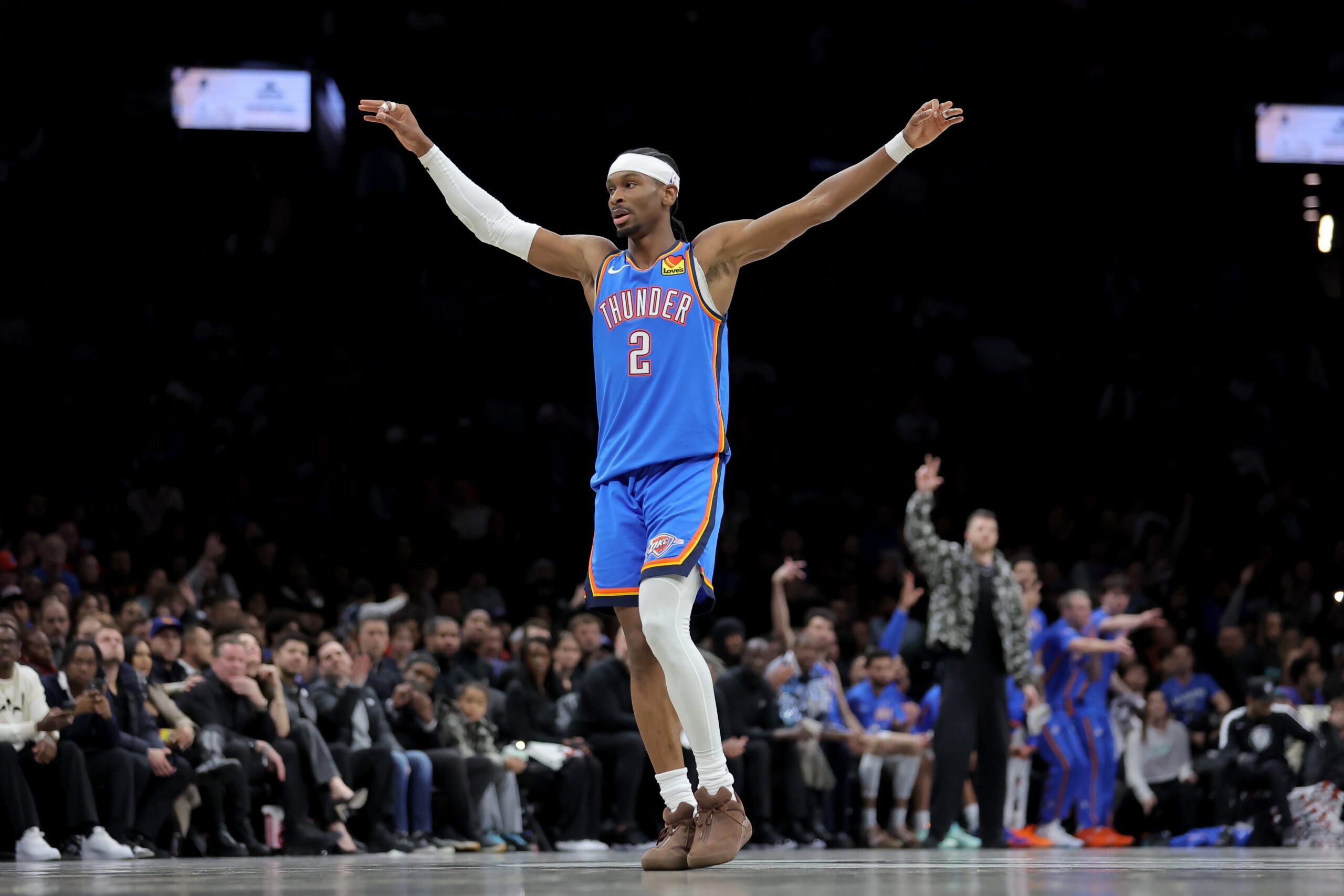Mar 18, 2026; Brooklyn, New York, USA; Oklahoma City Thunder guard Shai Gilgeous-Alexander (2) reacts during the first quarter against the Brooklyn Nets at Barclays Center. Mandatory Credit: Brad Penner-Imagn Images
