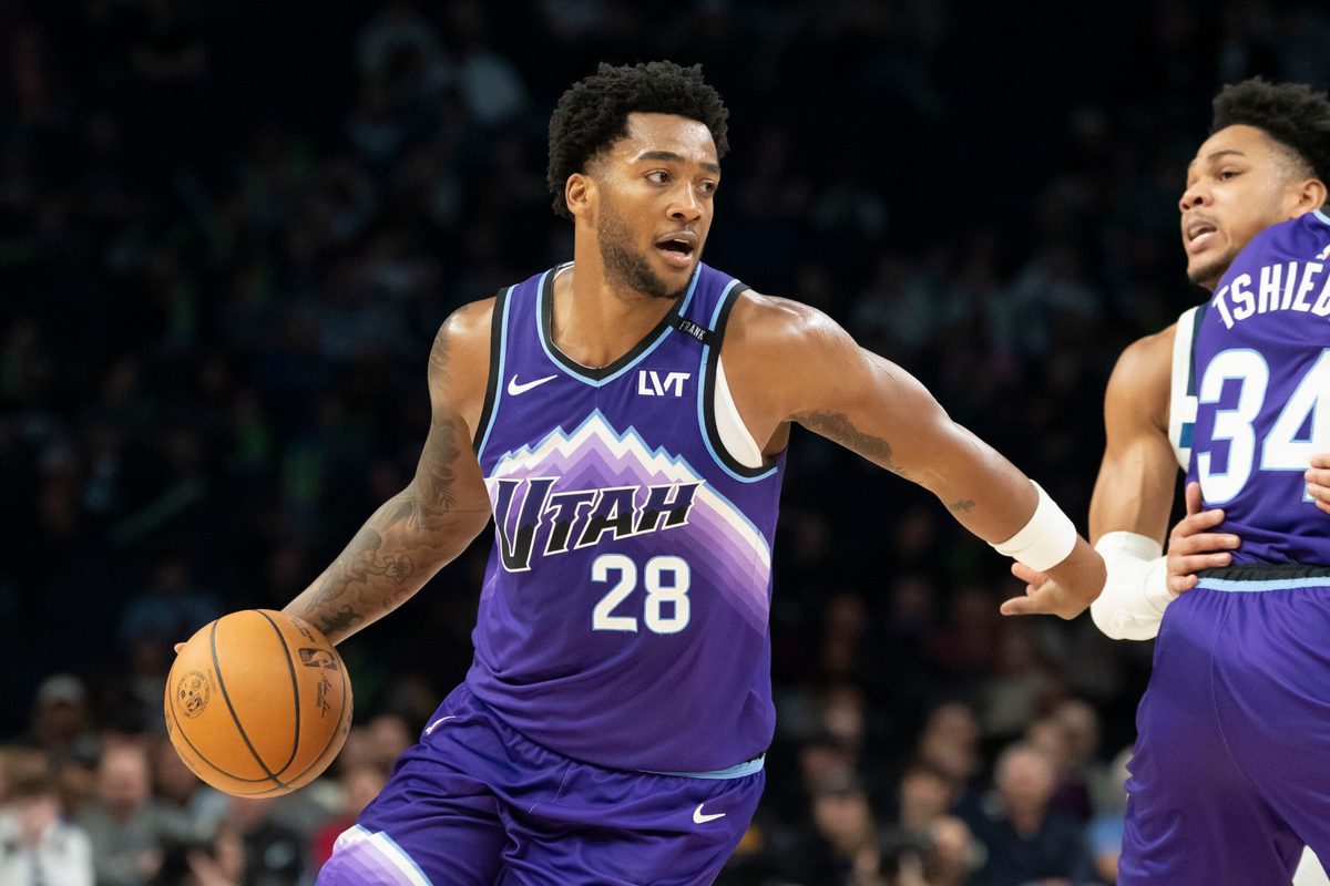 Mar 18, 2026; Minneapolis, Minnesota, USA; Utah Jazz forward Brice Sensabaugh (28) dribbles the ball against the Minnesota Timberwolves in the second half at Target Center. Mandatory Credit: Jesse Johnson-Imagn Images