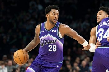 Mar 18, 2026; Minneapolis, Minnesota, USA; Utah Jazz forward Brice Sensabaugh (28) dribbles the ball against the Minnesota Timberwolves in the second half at Target Center. Mandatory Credit: Jesse Johnson-Imagn Images