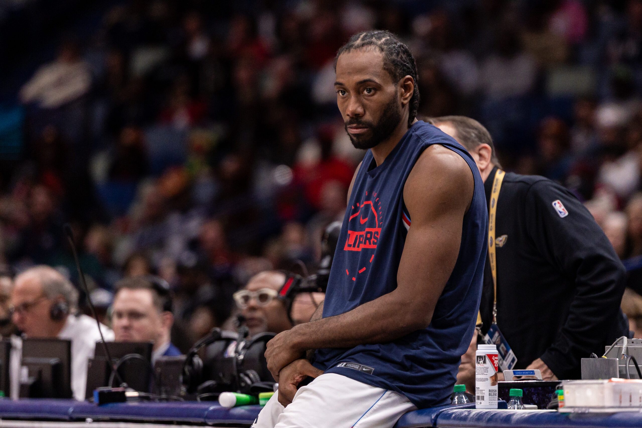 Mar 18, 2026; New Orleans, Louisiana, USA;  LA Clippers forward Kawhi Leonard (2) looks on against the New Orleans Pelicans during second half at Smoothie King Center. Mandatory Credit: Stephen Lew-Imagn Images