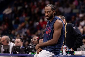 Mar 18, 2026; New Orleans, Louisiana, USA;  LA Clippers forward Kawhi Leonard (2) looks on against the New Orleans Pelicans during second half at Smoothie King Center. Mandatory Credit: Stephen Lew-Imagn Images