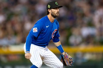 Mar 17, 2026; Mesa, Arizona, USA; Chicago Cubs shortstop Dansby Swanson against the Los Angeles Angels during a spring training game at Sloan Park. Mandatory Credit: Mark J. Rebilas-Imagn Images