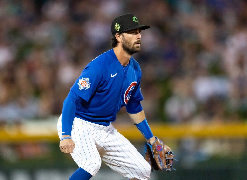 Mar 17, 2026; Mesa, Arizona, USA; Chicago Cubs shortstop Dansby Swanson against the Los Angeles Angels during a spring training game at Sloan Park. Mandatory Credit: Mark J. Rebilas-Imagn Images