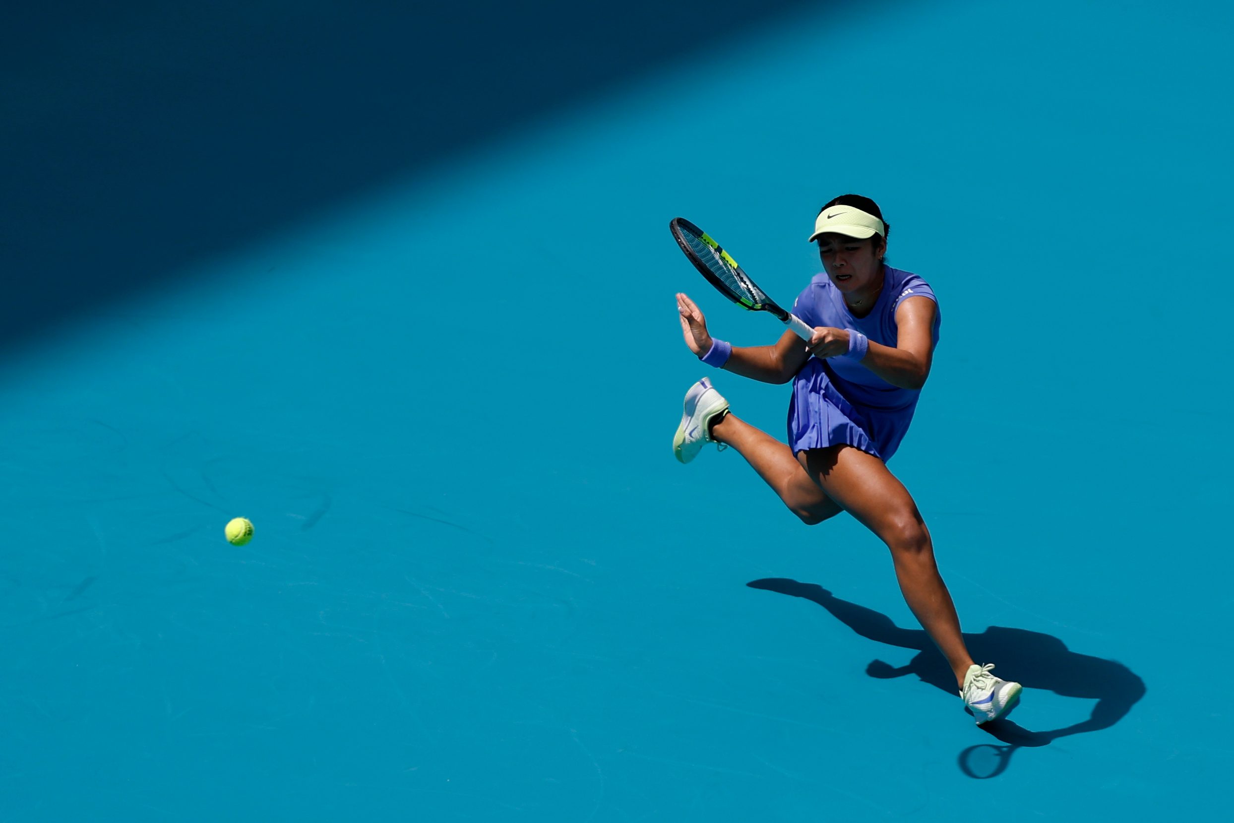 Mar 19, 2026; Miami Gardens, FL, USA; Alexandra Eala (PHI) hits a forehand against Laura Siegemund (GER) (not pictured) on day three of the 2026 Miami Open at Hard Rock Stadium. Mandatory Credit: Geoff Burke-Imagn Images
