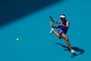 Mar 19, 2026; Miami Gardens, FL, USA; Alexandra Eala (PHI) hits a forehand against Laura Siegemund (GER) (not pictured) on day three of the 2026 Miami Open at Hard Rock Stadium. Mandatory Credit: Geoff Burke-Imagn Images