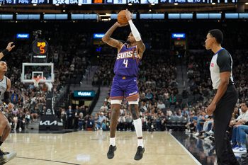 Mar 19, 2026; San Antonio, Texas, USA;  Phoenix Suns guard Jalen Green (4) shoots in the second half against the San Antonio Spurs at Frost Bank Center. Mandatory Credit: Daniel Dunn-Imagn Images