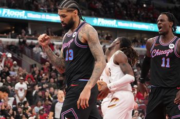 Mar 19, 2026; Chicago, Illinois, USA; Chicago Bulls center Nick Richards (13) gestures after scoring against the Cleveland Cavaliers during the second half at United Center. Mandatory Credit: David Banks-Imagn Images