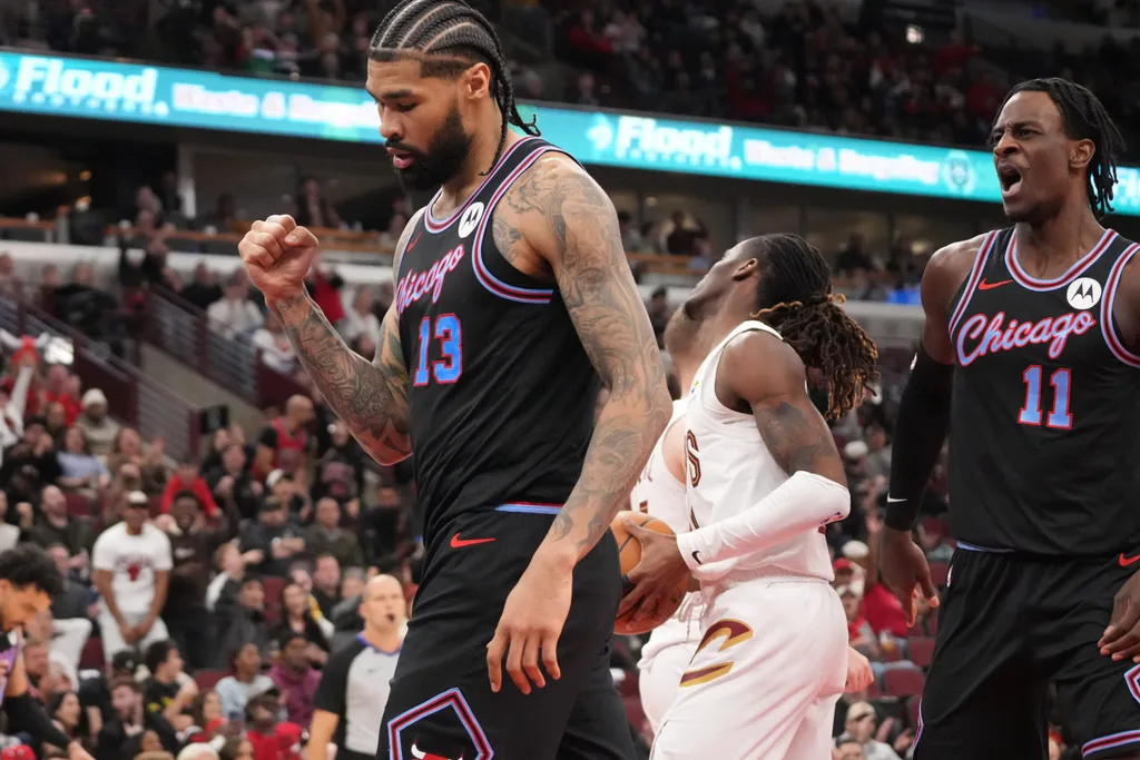 Mar 19, 2026; Chicago, Illinois, USA; Chicago Bulls center Nick Richards (13) gestures after scoring against the Cleveland Cavaliers during the second half at United Center. Mandatory Credit: David Banks-Imagn Images