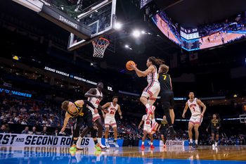 Mar 19, 2026; Oklahoma City, OK, USA; Houston Cougars guard Kingston Flemings (4) attempts a layup during a first round game of the men's 2026 NCAA Tournament at Paycom Center. Mandatory Credit: William Purnell-Imagn Images